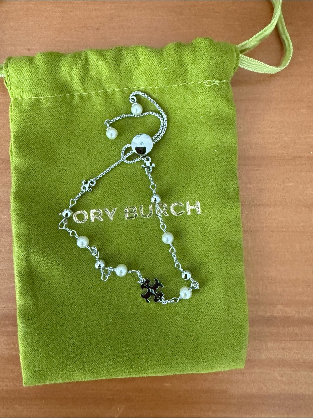 Tory Burch Silver Pearl Logo Slider Bracelet